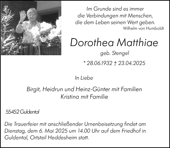 Traueranzeige von Dorothea Matthiae von Binger-/Ingelheimer Wochenblatt