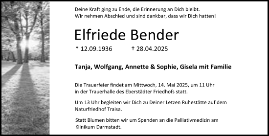Traueranzeige von Elfriede Bender von Darmstädter Echo