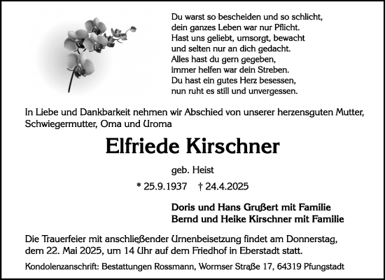 Traueranzeige von Elfriede Kirschner von Darmstädter Echo