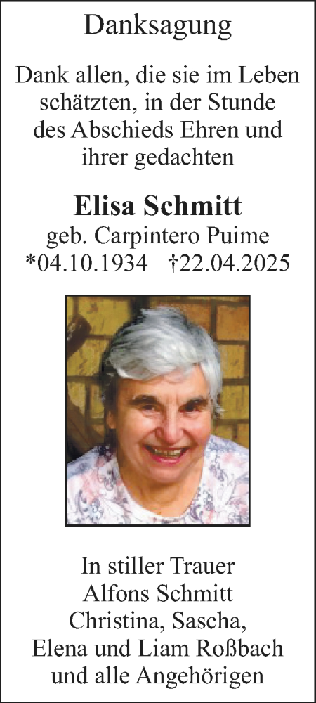 Traueranzeige von Elisa Schmitt von Starkenburger Echo