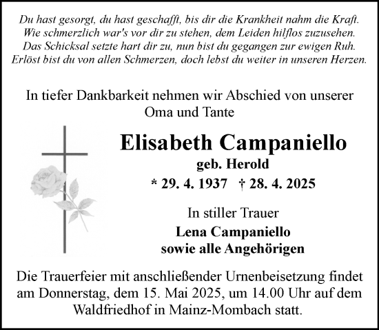 Traueranzeige von Elisabeth Campaniello von Allgemeine Zeitung Mainz