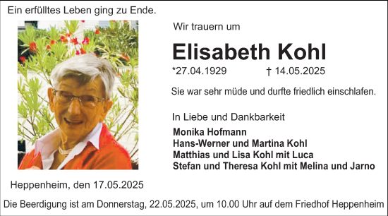 Traueranzeige von Elisabeth Kohl von Starkenburger Echo