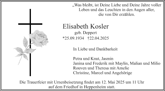 Traueranzeige von Elisabeth Kosler von Starkenburger Echo