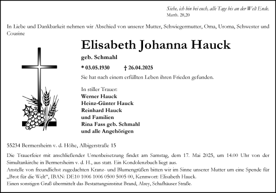 Traueranzeige von Elisabeth Johanna Hauck von Allgemeine Zeitung Alzey