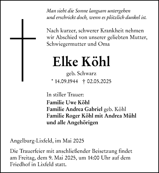 Traueranzeige von Elke Köhl von Hinterländer Anzeiger