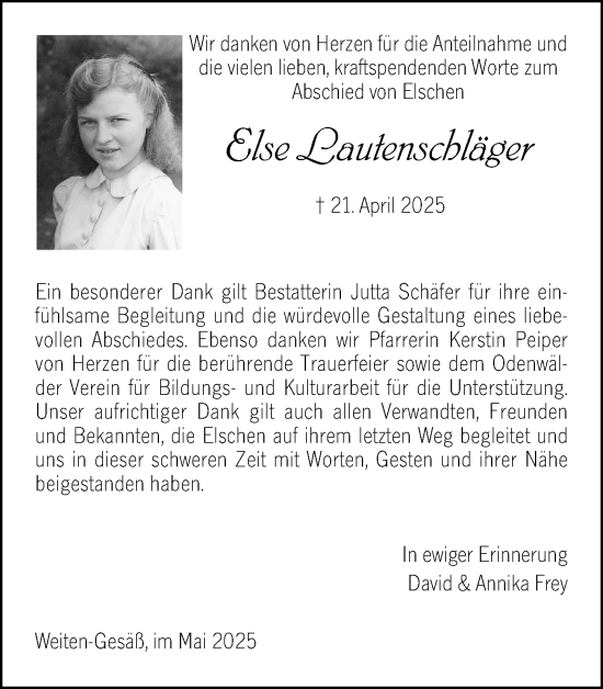Traueranzeige von Else Lautenschläger von Odenwälder Echo