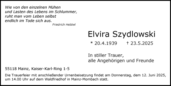 Traueranzeige von Elvira Szydlowski von Wiesbadener Kurier