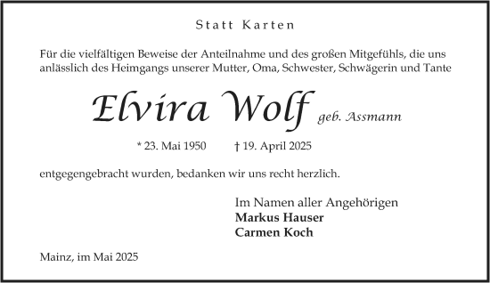 Traueranzeige von Elvira Wolf von Allgemeine Zeitung Mainz