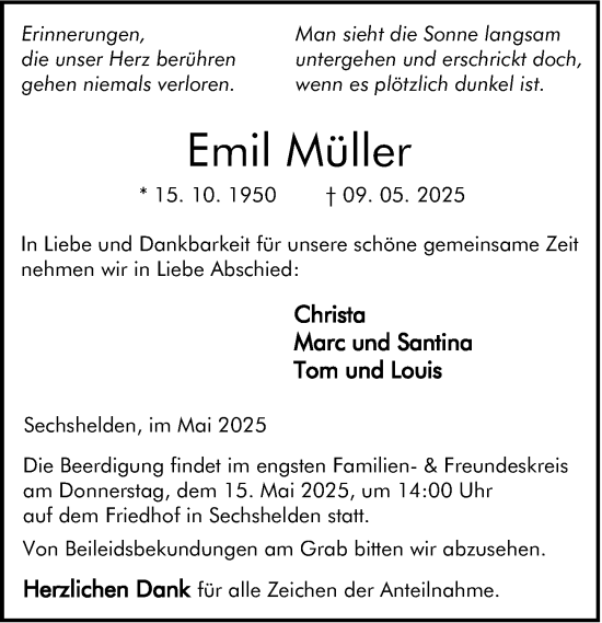 Traueranzeige von Emil Müller von Dill Block
