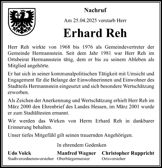 Traueranzeige von Erhard Reh von Wetzlarer Neue Zeitung