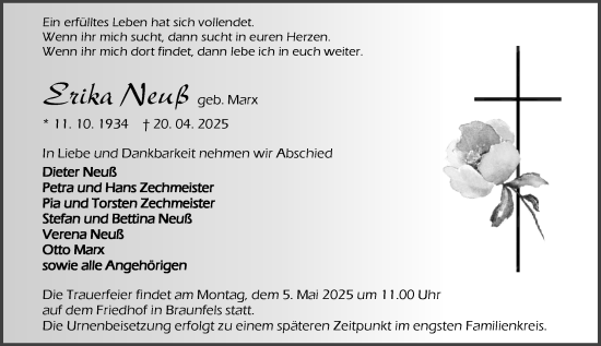 Traueranzeige von Erika Neuß von Wetzlarer Neue Zeitung