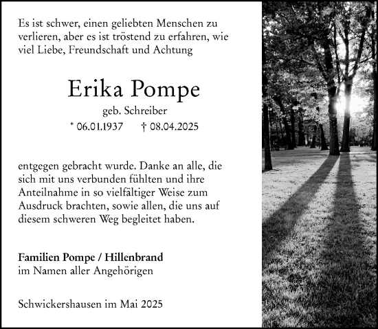 Traueranzeige von Erika Pompe von Camberger Anzeiger