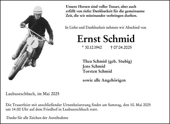 Traueranzeige von Ernst Schmid von Weilburger Tageblatt