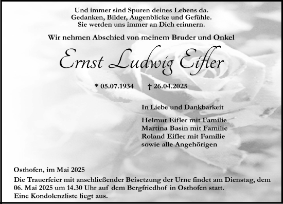 Traueranzeige von Ernst Ludwig Eifler von Wormser Zeitung