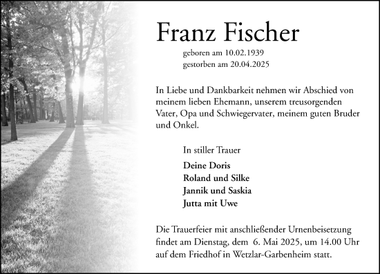 Traueranzeige von Franz Fischer von Wetzlarer Neue Zeitung