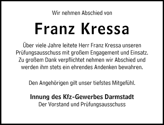 Traueranzeige von Franz Kressa von Darmstädter Echo