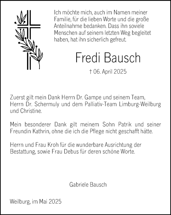 Traueranzeige von Fredi Bausch von Weilburger Tageblatt