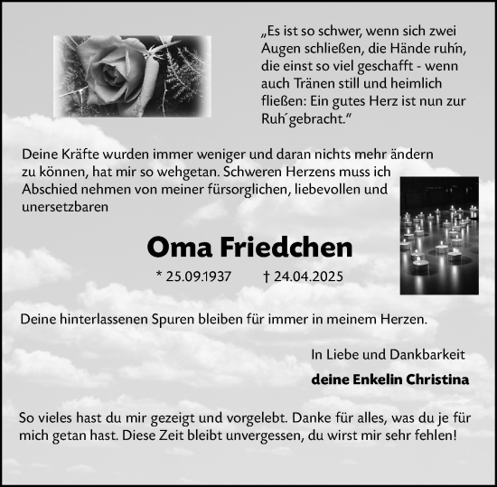 Traueranzeige von Friedchen Friedchen von Darmstädter Echo