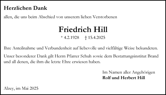 Traueranzeige von Friedrich Hill von Allgemeine Zeitung Alzey