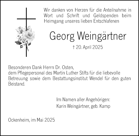 Traueranzeige von Georg Weingärtner von Allgemeine Zeitung Rheinhessen-Nahe