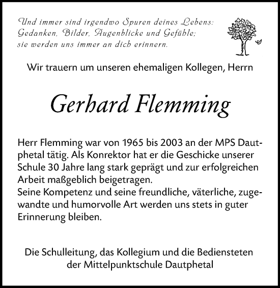 Traueranzeige von Gerhard Flemming von Hinterländer Anzeiger
