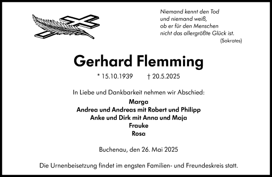 Traueranzeige von Gerhard Flemming von Hinterländer Anzeiger