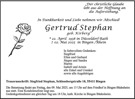 Traueranzeige von Gertrud Stephan von Allgemeine Zeitung Rheinhessen-Nahe