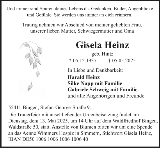 Traueranzeige von Gisela Heinz von Allgemeine Zeitung Rheinhessen-Nahe