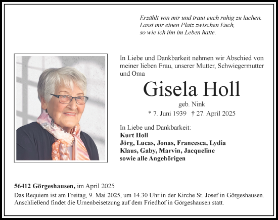 Traueranzeige von Gisela Holl von Nassauische Neue Presse