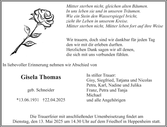 Traueranzeige von Gisela Thomas von Starkenburger Echo