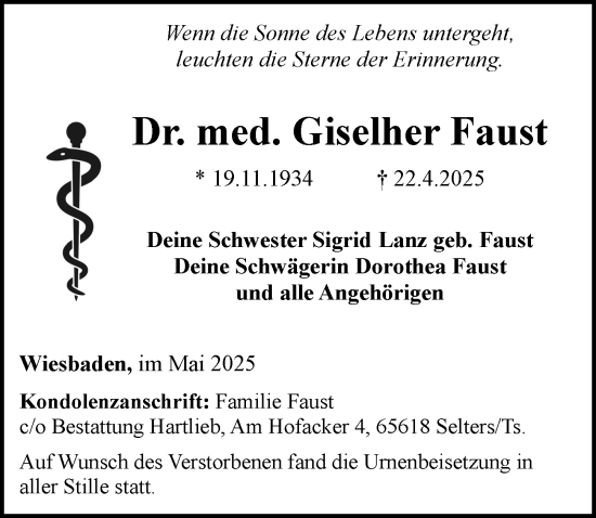 Traueranzeige von Giselher Faust von Wiesbadener Kurier