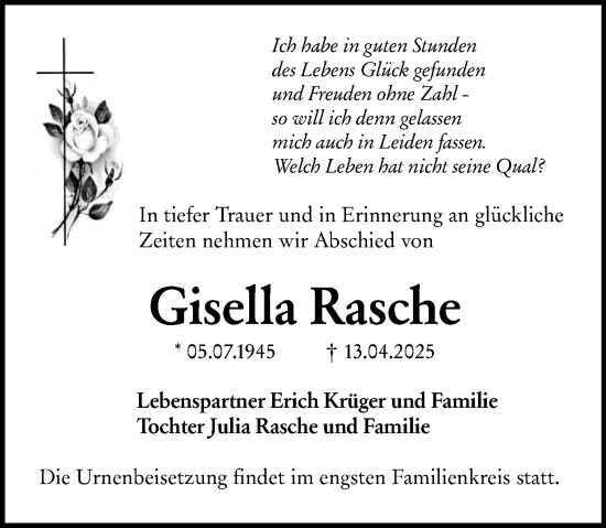 Traueranzeige von Gisella Rasche von Allgemeine Zeitung Mainz