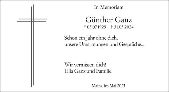 Traueranzeige von Günther Ganz von Allgemeine Zeitung Mainz