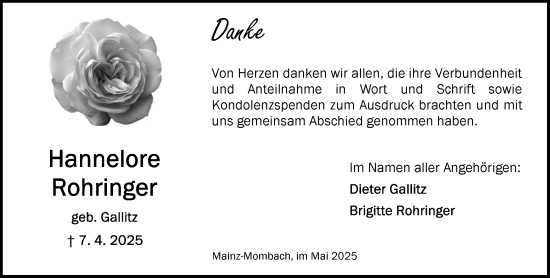 Traueranzeige von Hannelore Rohringer von Allgemeine Zeitung Mainz