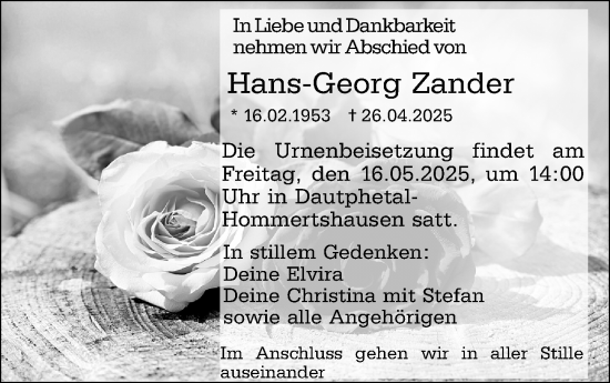 Traueranzeige von Hans-Georg Zander von Hinterländer Anzeiger