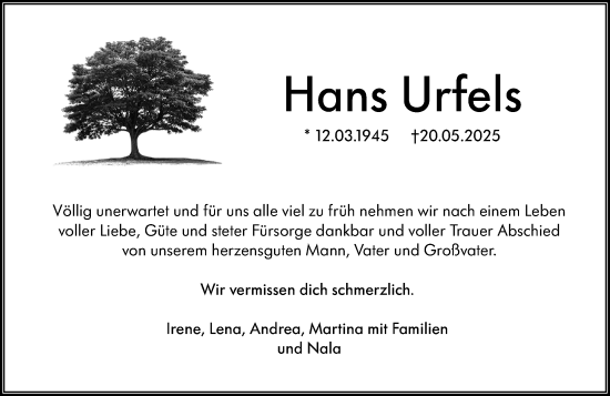 Traueranzeige von Hans Urfels von Darmstädter Echo