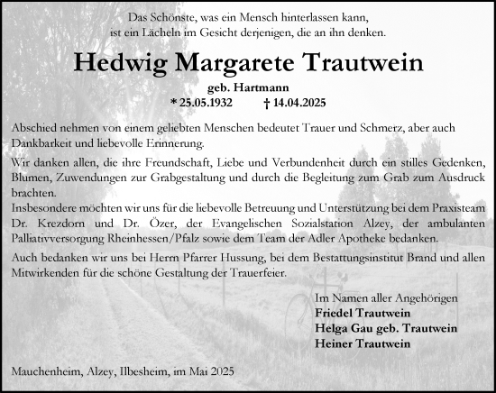 Traueranzeige von Hedwig Margarete Trautwein von Allgemeine Zeitung Alzey