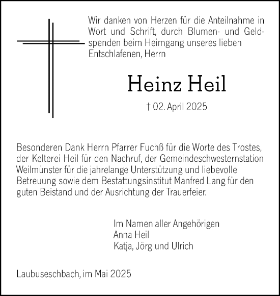 Traueranzeige von Heinz Heil von Weilburger Tageblatt