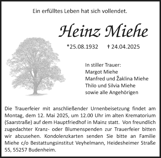 Traueranzeige von Heinz Miehe von Allgemeine Zeitung Mainz