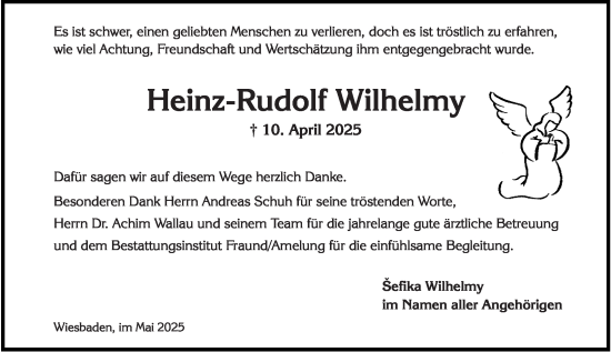 Traueranzeige von Heinz-Rudolf Wilhelmy von Wiesbadener Kurier