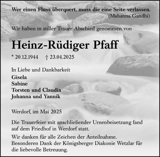 Traueranzeige von Heinz-Rüdiger Pfaff von Wetzlarer Neue Zeitung
