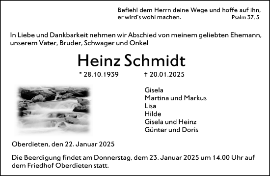Traueranzeige von Heinz Schmidt von Hinterländer Anzeiger