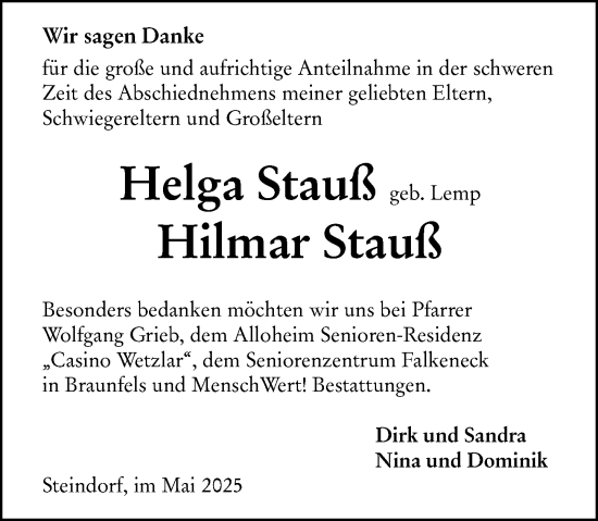 Traueranzeige von Helga  Strauß von Wetzlarer Neue Zeitung