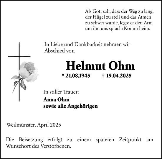 Traueranzeige von Helmut Ohm von Weilburger Tageblatt