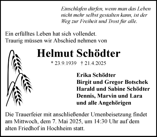 Traueranzeige von Helmut Schödter von Hochheimer Zeitung