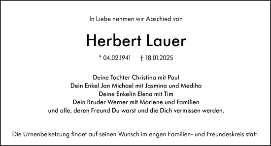 Traueranzeige von Herbert Lauer von Hinterländer Anzeiger