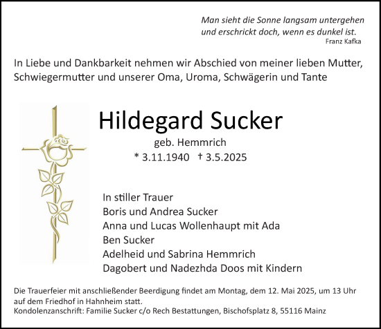 Traueranzeige von Hildegard Sucker von Allgemeine Zeitung Mainz