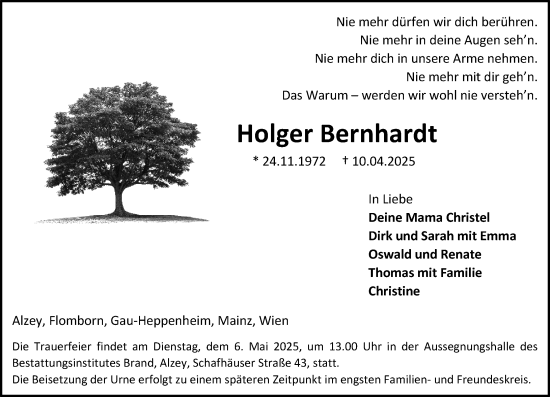 Traueranzeige von Holger Bernhardt von Allgemeine Zeitung Alzey