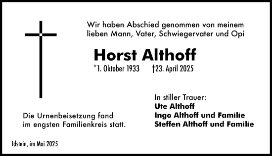 Traueranzeige von Horst Althoff von Idsteiner Land/Untertaunus