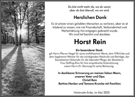 Traueranzeige von Horst Rein von Wetzlarer Neue Zeitung